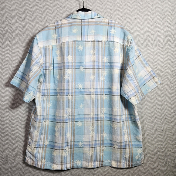 Caribbean Blue Plaid Palm Trees Men's XL Button Down Shirt - Picture 3 of 8